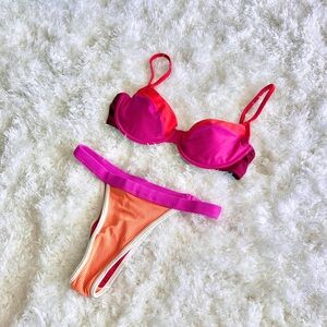 One one color block triangl beach bunny Coelho chain Leaf Print Bikini Brazilian